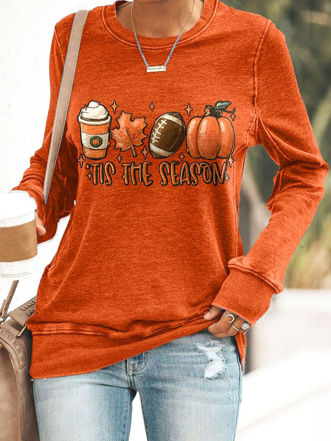 🔥Buy 2 Get 5% Off🔥Football Tis The Season Pumpkin Maple Leaf Print Sweatshirt