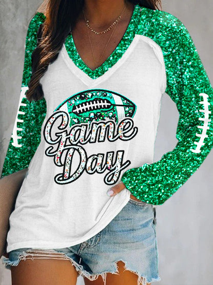 Women's Football Fans Gameday Glitter Print Casual Long-Sleeve Top