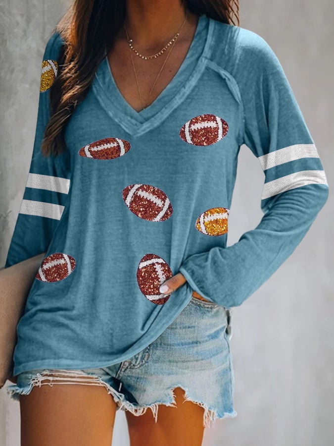 Women's Sequined Football Print V-Neck T-Shirt