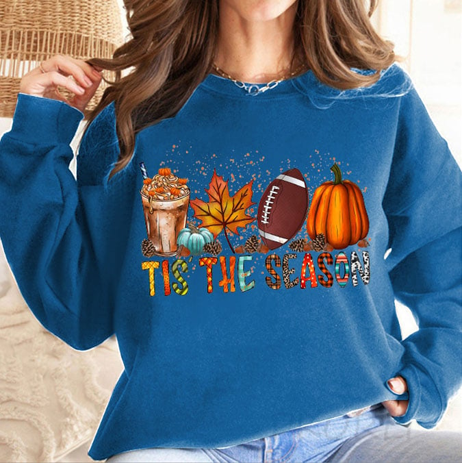 🔥Buy 2 Get 5% Off🔥Women's Football Tis The Season Pumpkin Maple Leaf Print Round Neck Sweatshirt