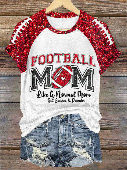 Women's Glitter Football Print Football Mom Gameday Casual Tee