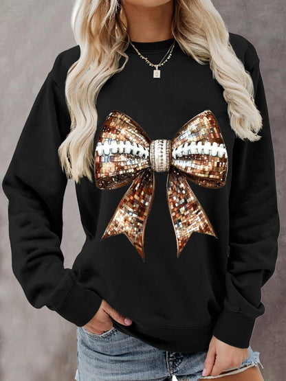 Women's Sequin Bow Rugby Print Casual Sweatshirt