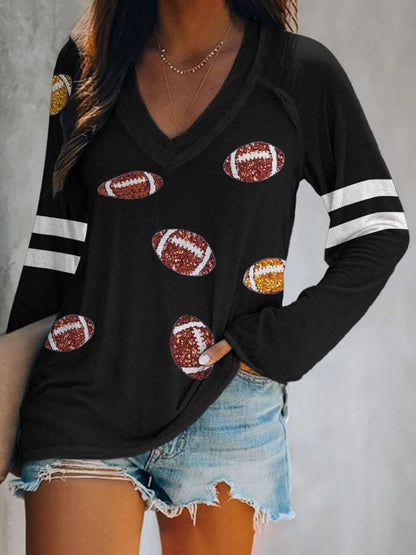 Women's Sequined Football Print V-Neck T-Shirt