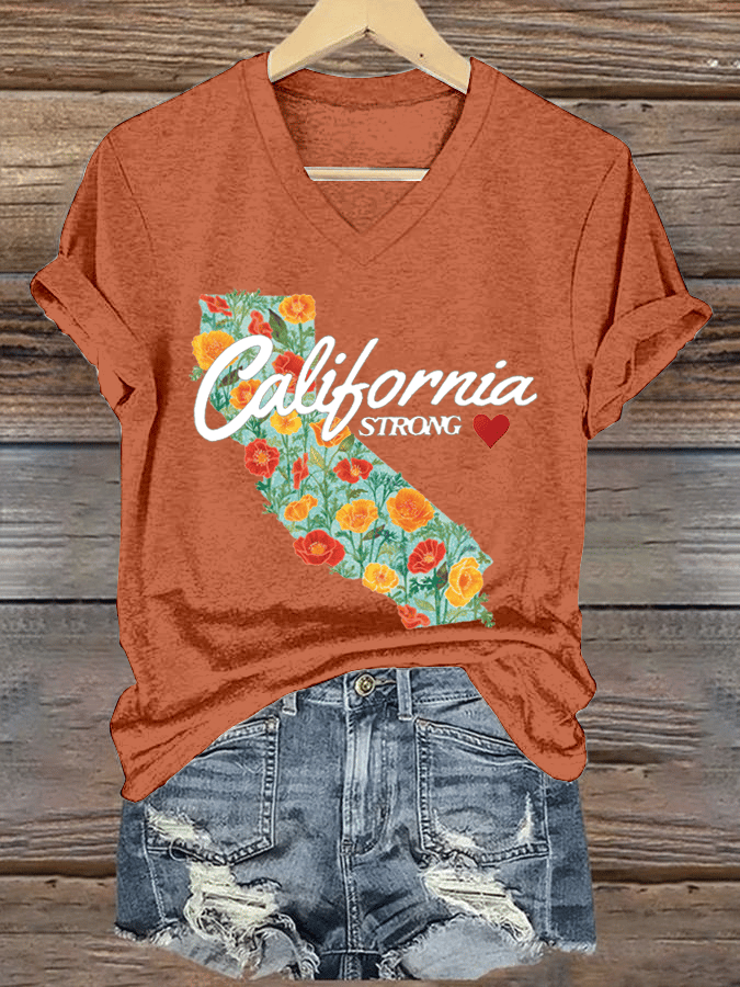 Women's California Strong Print V-Neck T-Shirt