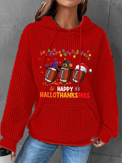 Women's Happy Hallothanksmas Football Waffle Hoodie