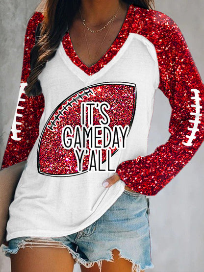 Women's It's Gameday Y'all Glitter Football Print Football Fans Casual Long-Sleeve Top