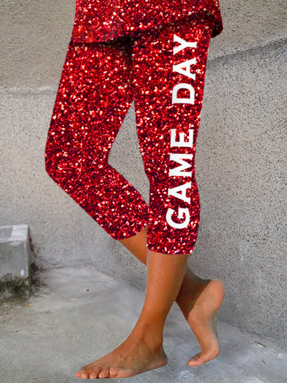 Women's Football Fans Gameday Glitter Print Cropped Leggings