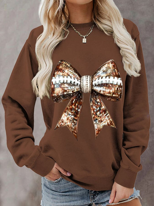 Women's Sequin Bow Rugby Print Casual Sweatshirt