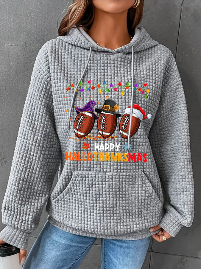 Women's Happy Hallothanksmas Football Waffle Hoodie